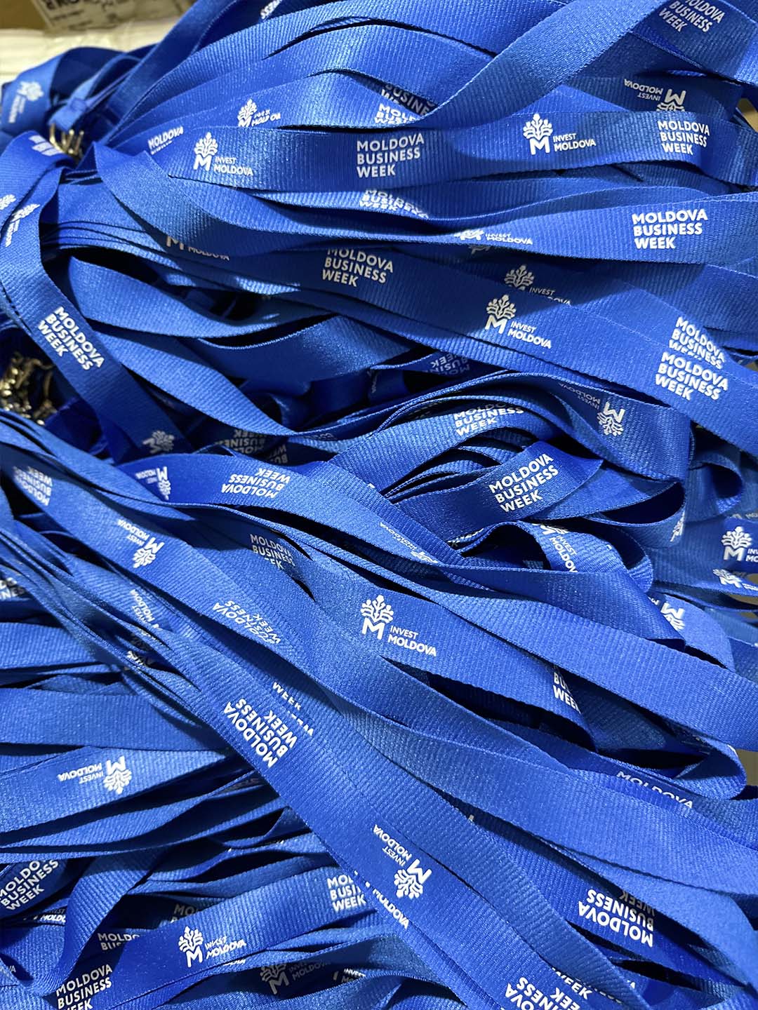 Голубые ленты с надписями Invest Moldova и Moldova Business Week.