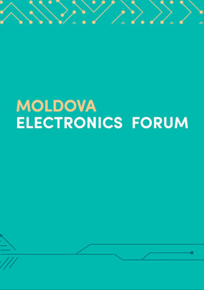 Логотип Moldova Electronics Forum на бирюзовом фоне с элементами схемы по краям.