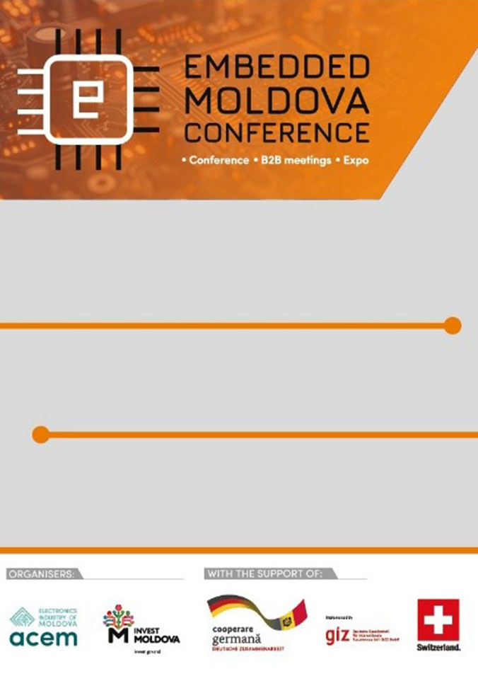 Логотип конференции Embedded Moldova на оранжевом фоне с названием мероприятия и логотипами организаторов и партнеров внизу.