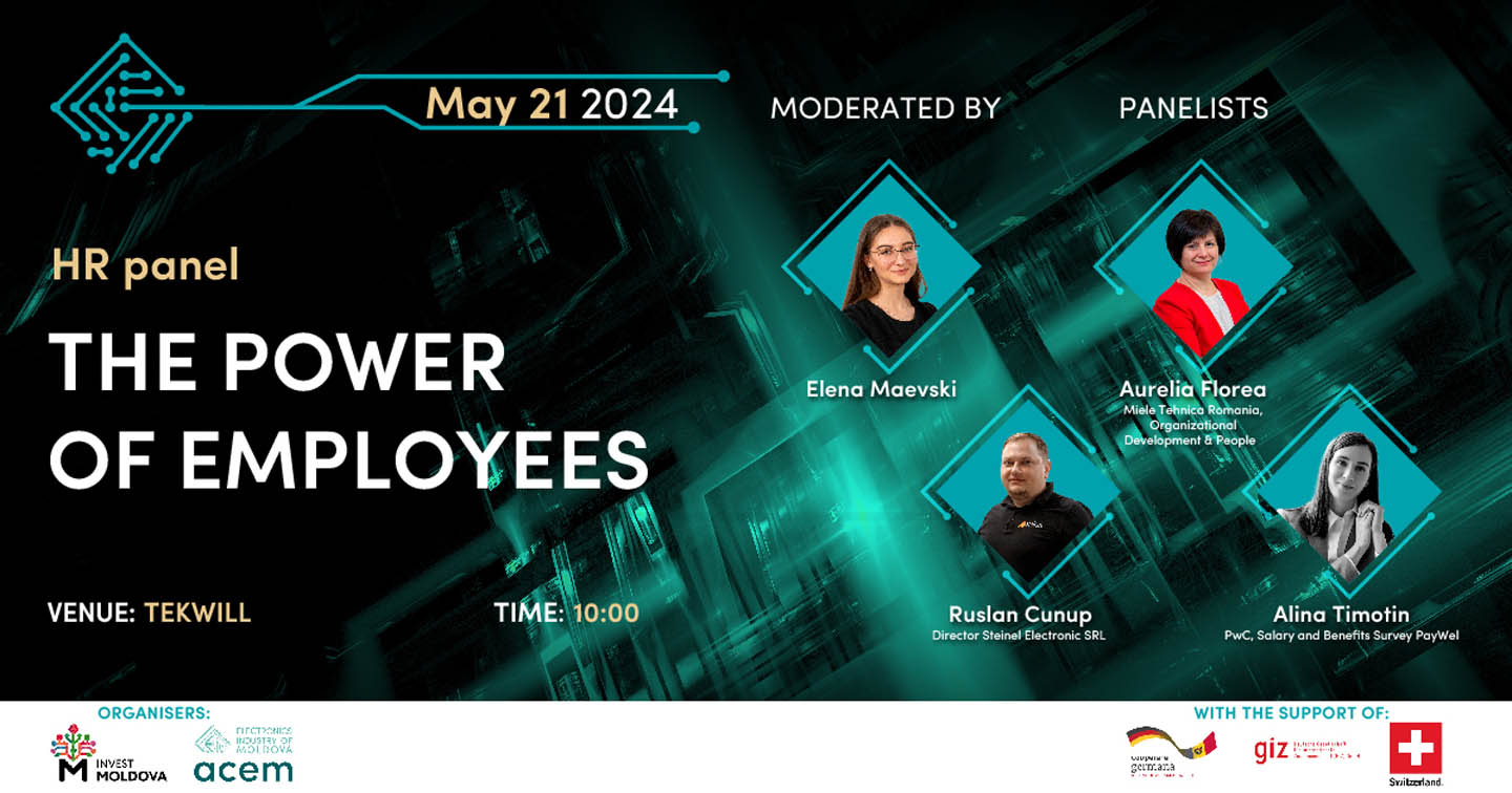 Анонс HR панели «Сила сотрудников» 21 мая 2024 года в TEKWILL в 10:00, с модератором Еленой Маевски и участниками Аурелией Флорэа, Русланом Цурупом и Алиной Тимотин.