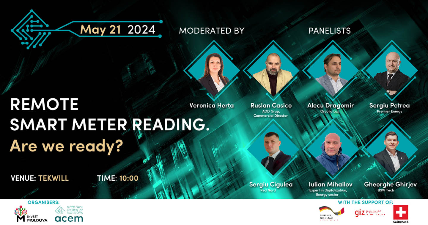 Афиша мероприятия по удалённому считыванию умных счётчиков 21 мая 2024 года, с модератором Вероникой Герца и шестью панелистами, включая Руслана Касико и Сергея Петреа.