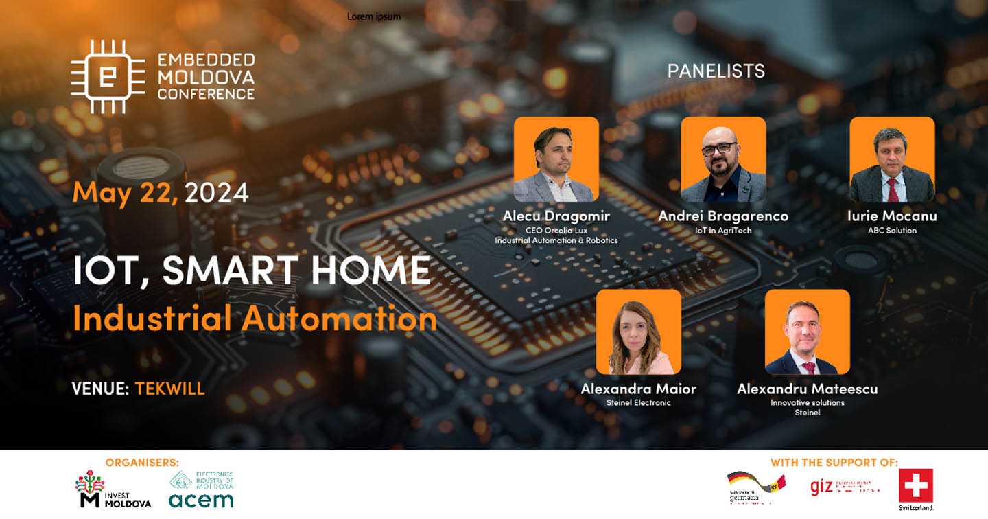 Плакат конференции Embedded Moldova 22 мая 2024 года с панелистами и темами IoT, умный дом и промышленная автоматизация на площадке Tekwill.