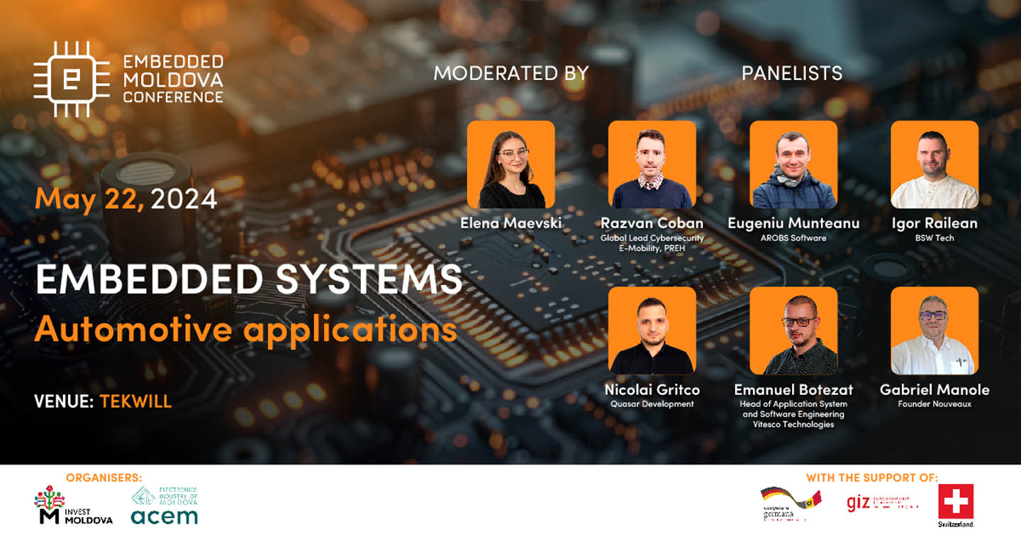 Афиша конференции Embedded Moldova 22 мая 2024 года с модератором Еленой Маевски и панелистами Рэзваном Чобаном, Евгением Мунтяну, Игорем Раилеаном, Николаем Гритко, Эмануэлем Ботезатом и Габриэлем Маноле.