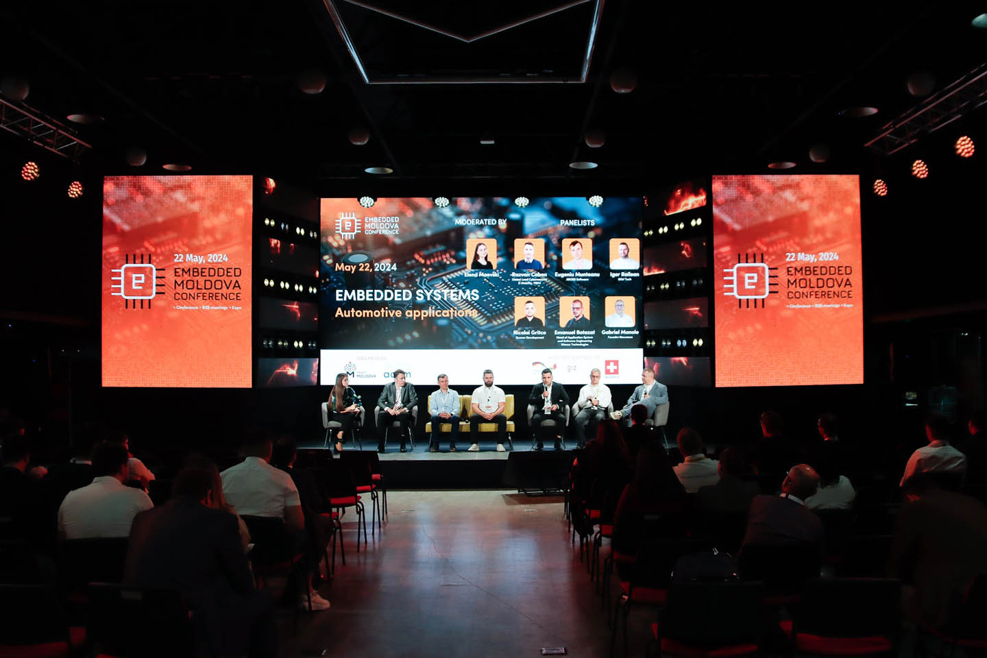 Панель экспертов на конференции Embedded Moldova 2024 обсуждает системы встраиваемых автомобильных приложений на сцене с большим экраном и аудиторией.