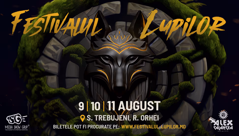 Постер фестиваля с изображением металлической волчьей маски на фоне каменного круга и зелёных лиан, с датами 9, 10 и 11 августа и местом проведения S. Trebujeni, R. Orhei.