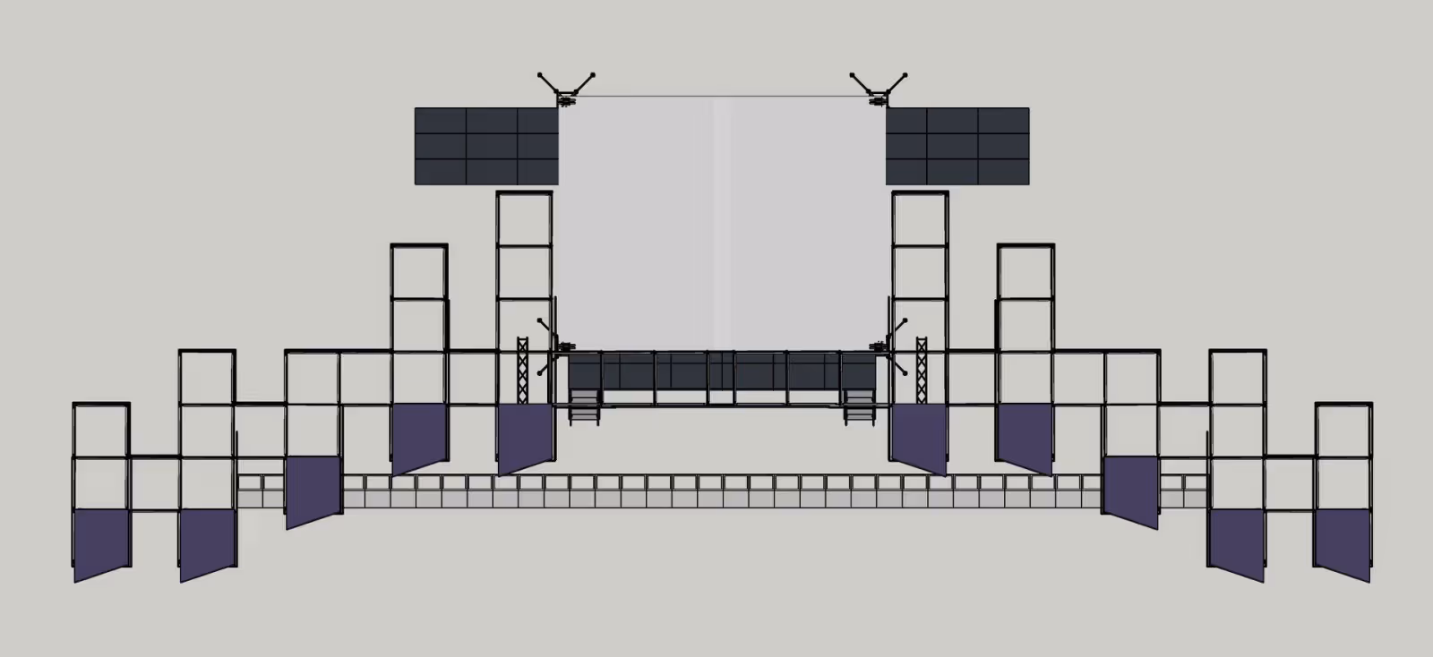 Схематический дизайн сцены с центральным экраном и несколькими световыми или звуковыми стойками по бокам.