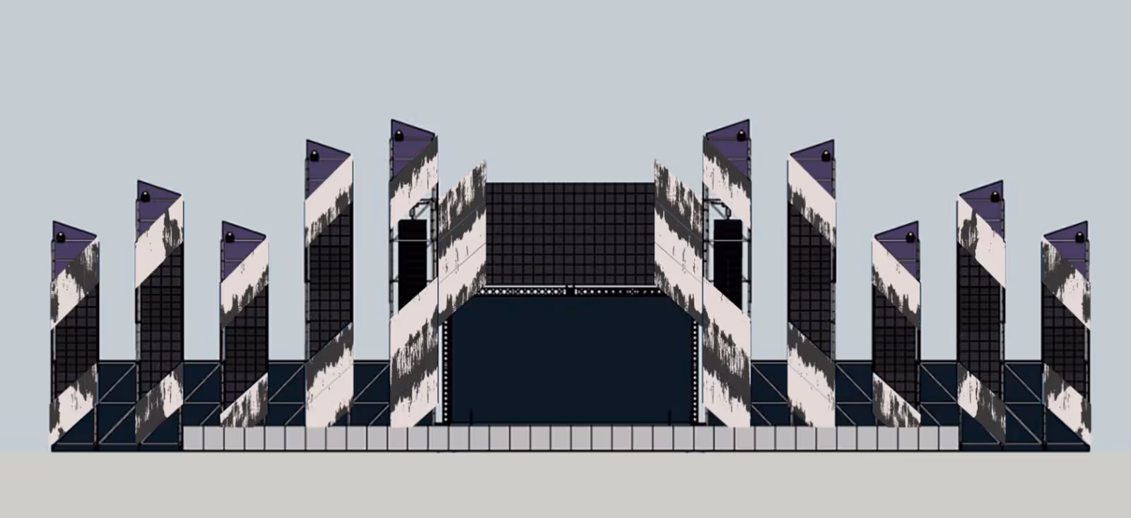 Сцена с высокими продолговатыми панелями в черно-белом дизайне на светлом фоне.