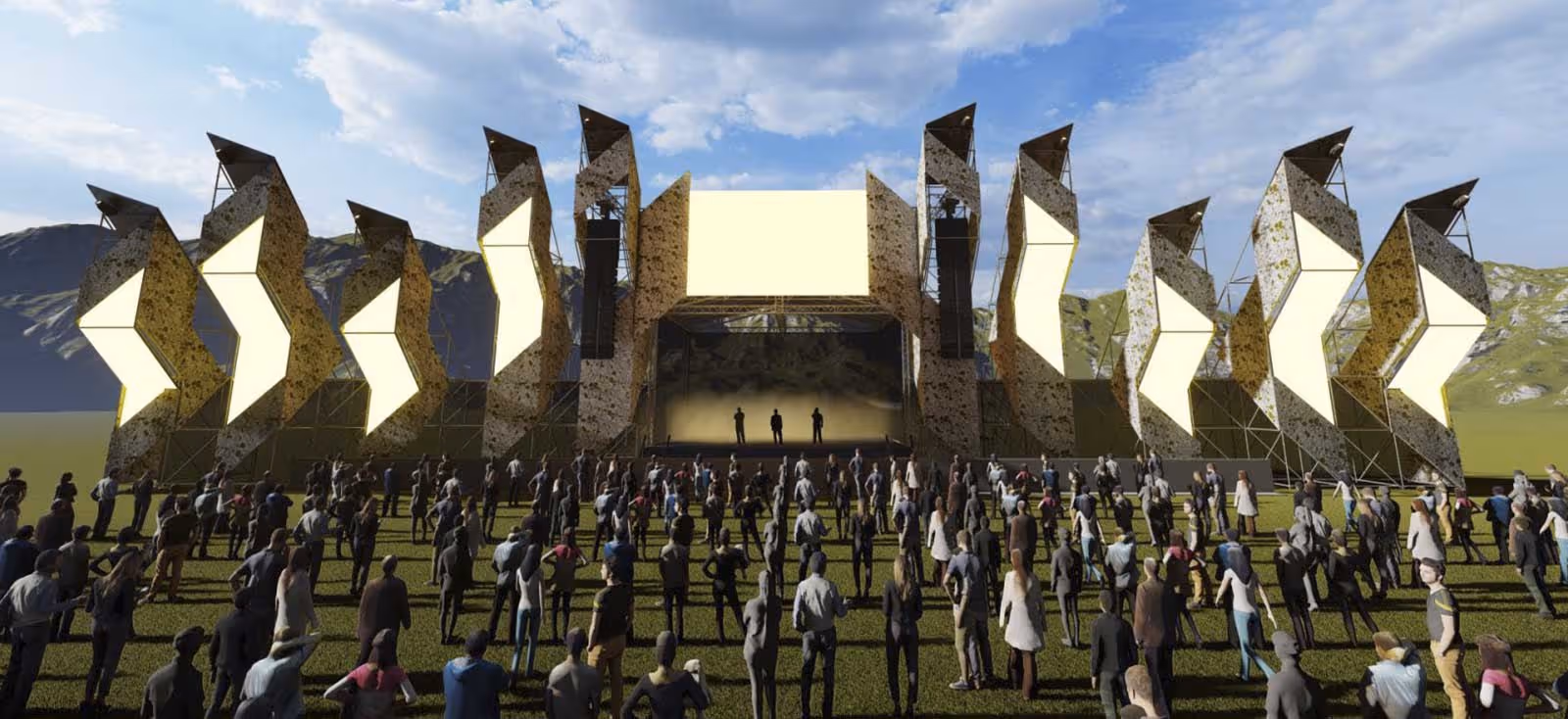 Множество людей смотрят на большую сцену с современным геометрическим дизайном на открытом воздухе в горах.