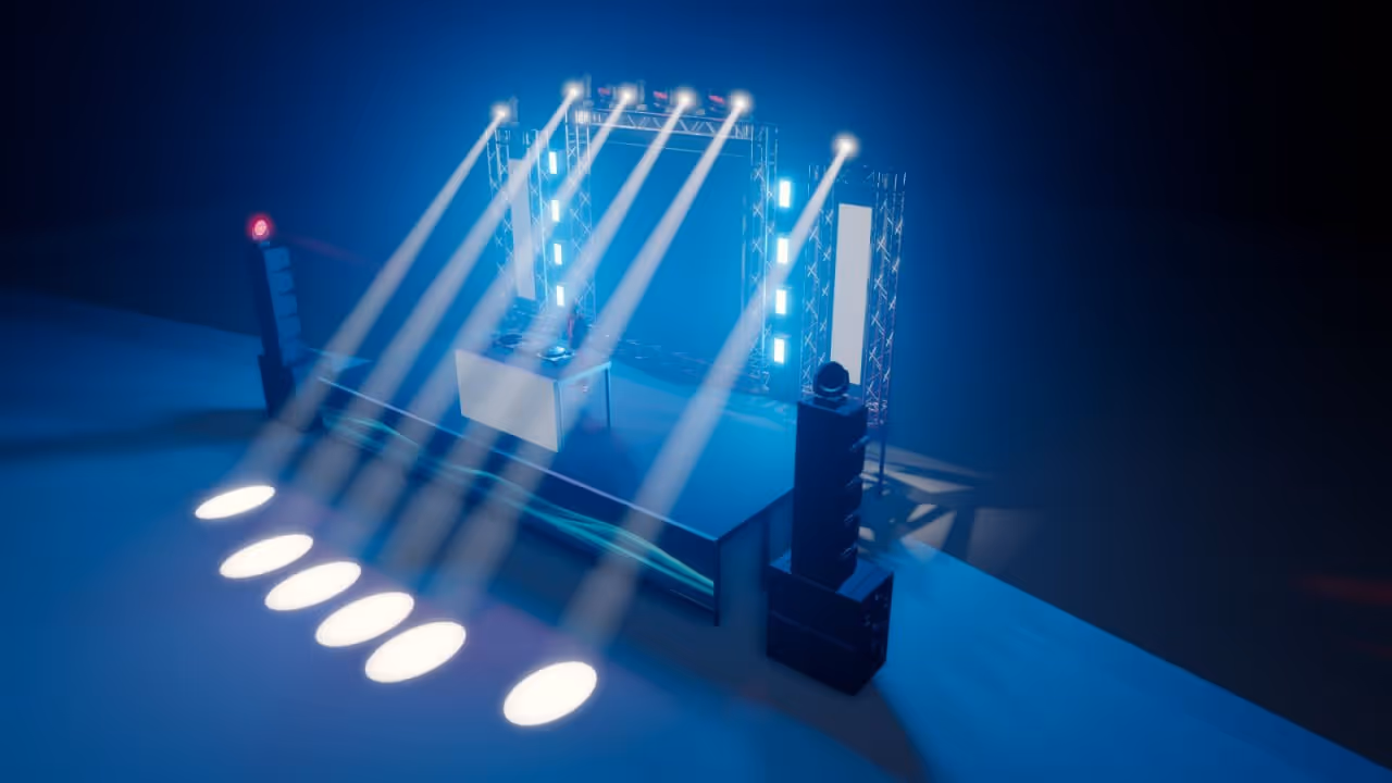 Сцена с диджейским оборудованием и яркими прожекторами в темном помещении.