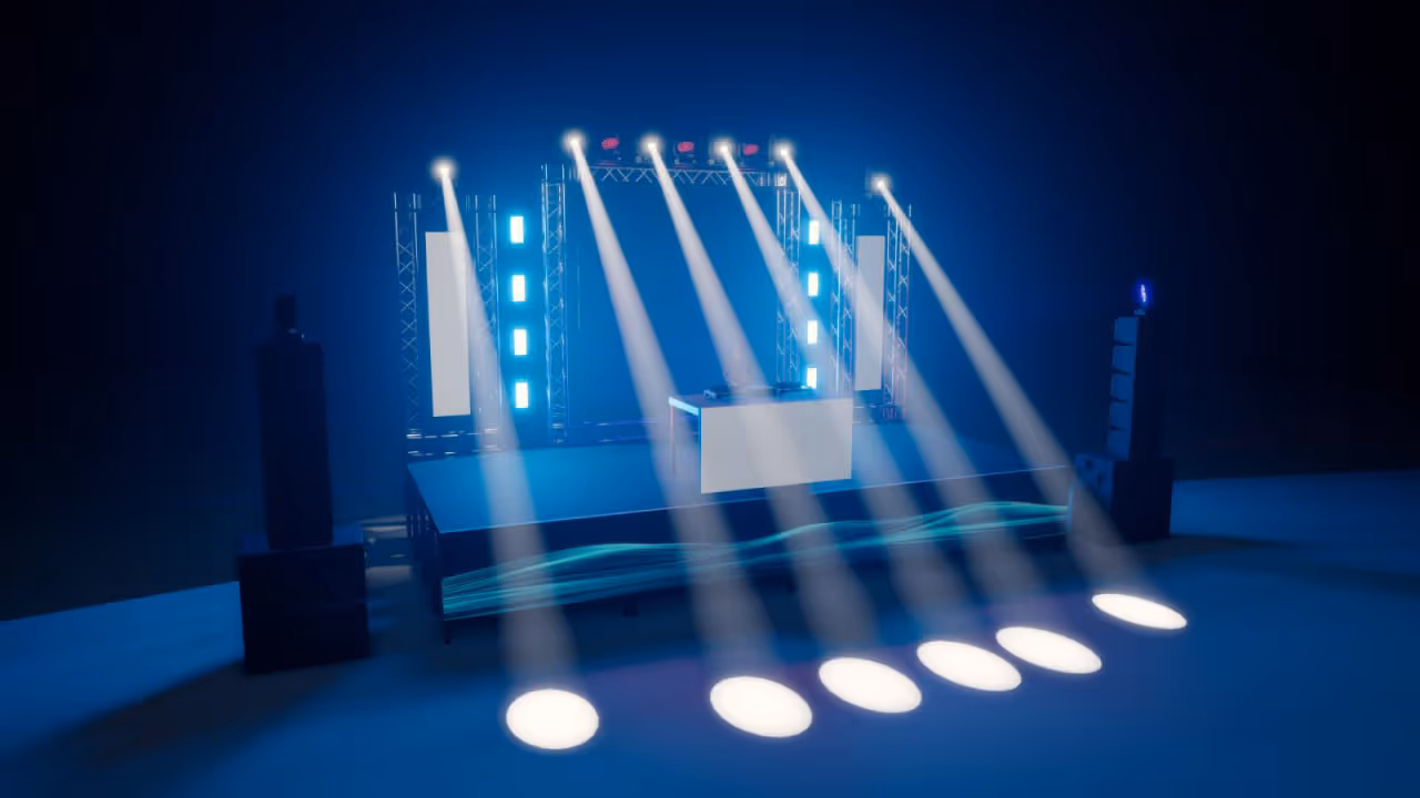 Пустая сцена с диджейским пультом, освещенная яркими синими и белыми прожекторами.