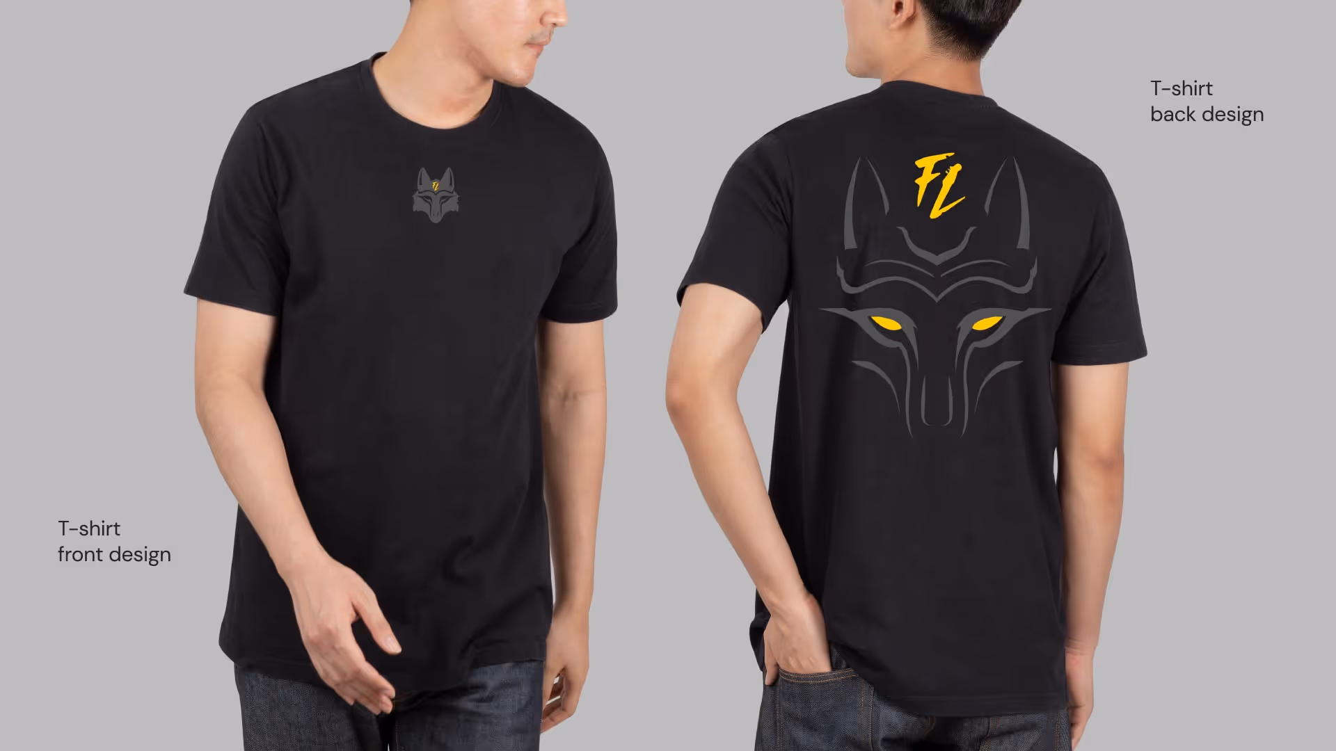 Черная футболка с небольшим серым логотипом волка и желтой буквой FL на груди и крупной иллюстрацией головы волка с желтыми глазами и желтыми буквами FL на спине.