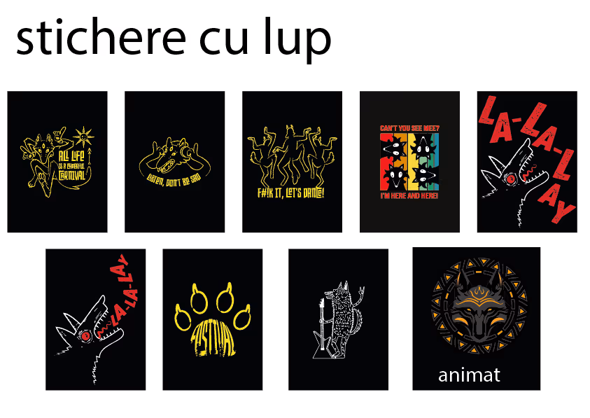 Десять наклеек с изображениями волков и надписями на черном фоне, включая танцующих волков, волчью лапу с надписью 'FESTIVAL', волка с гитарой и стилизованное волчье лицо с надписью 'animat'.