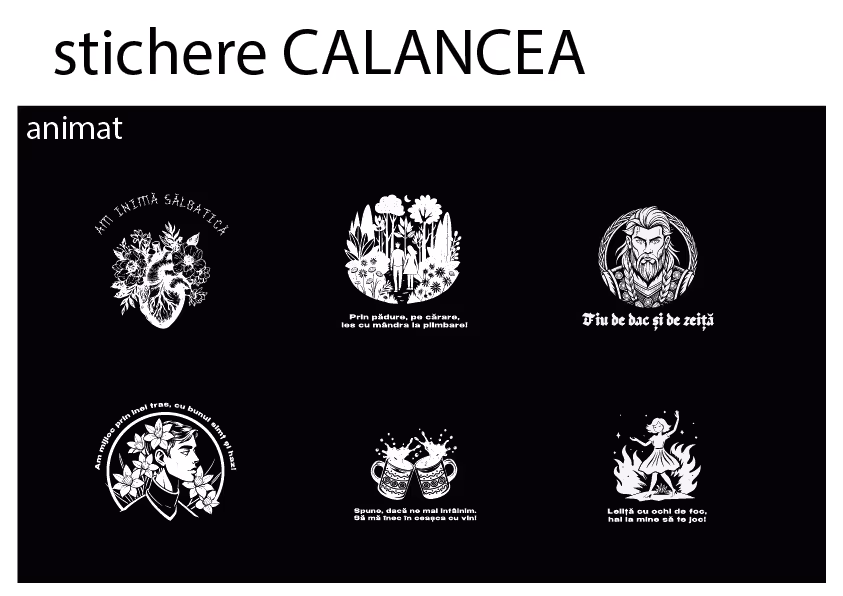 Шесть белых иллюстраций с текстом на черном фоне: сердце с цветами и надпись «Am inima sălbatică», люди в лесу, мужчина с надписью «Fiu de dac și de zeiță», женщина с венком и надписью «Am pulso prin inel tras, cu bunul simț și haza!», два поднятых пивных кружки с текстом «Spune, dacă o me’l înțelim, să mă țin în coapse cu vini», танцующая девушка в огне с надписью «Loliță cu ochii de foc, hai la mine să te joc!».