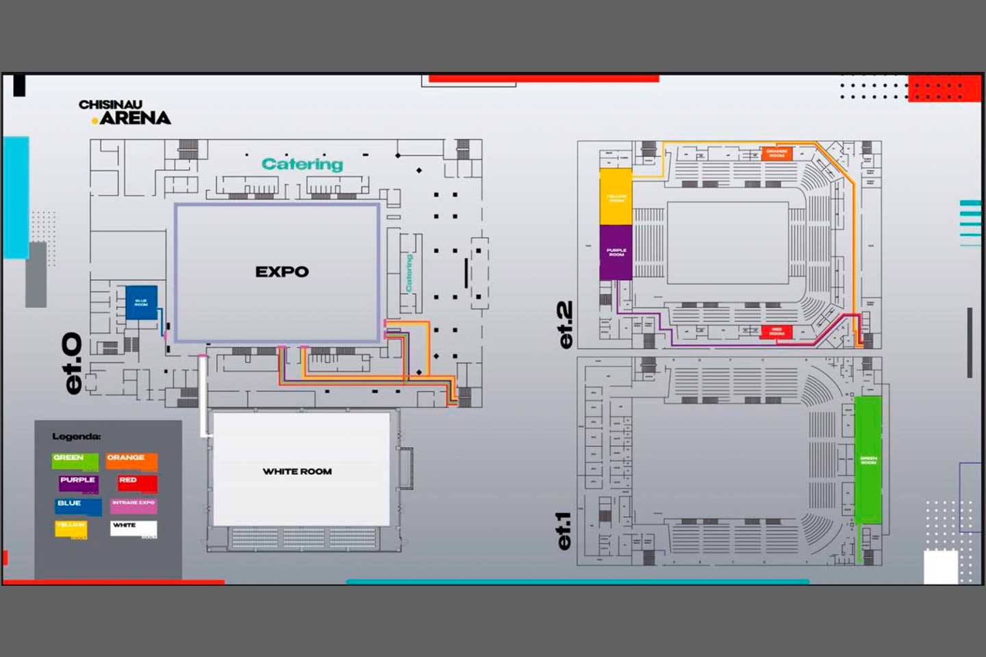 План этажа Chisinau Arena с размеченными зонами: выставочный зал EXPO, комната WHITE ROOM, зоны питания Catering и цветные комнаты на этажах 0, 1 и 2.