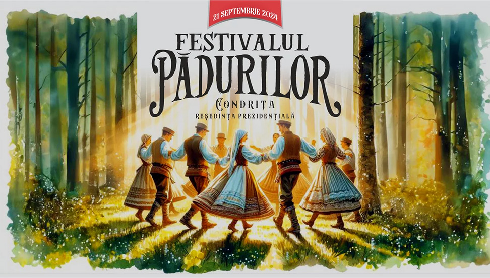 Люди в традиционных костюмах танцуют в кругу в лесу при свете солнца; надпись о фестивале лесов 21 сентября 2024 года.