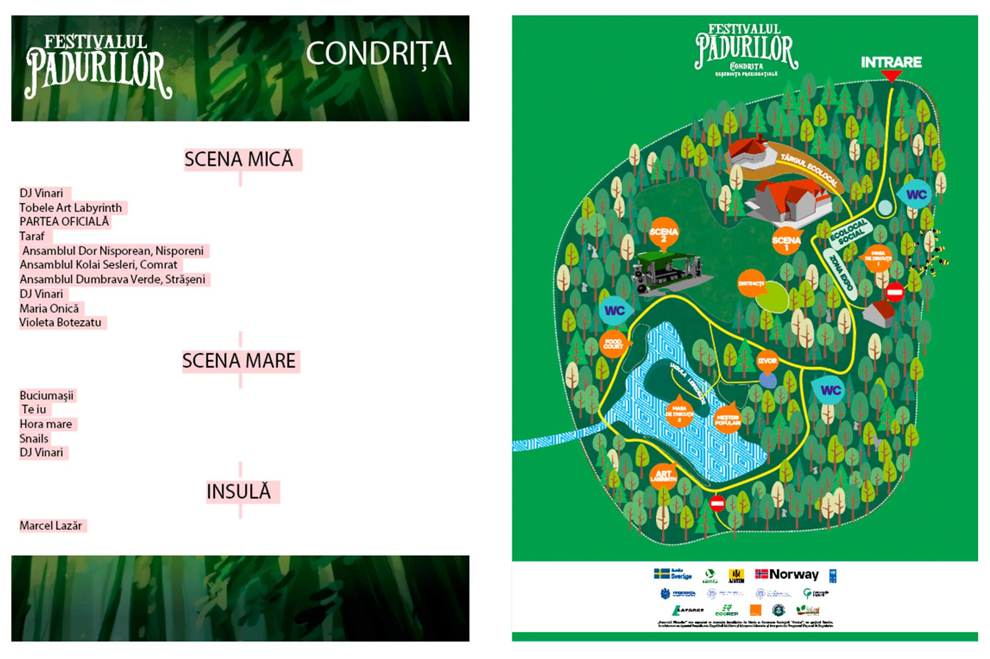 Плакат с расписанием и картой фестиваля в лесу: слева перечислены исполнители на трех сценах и острове, справа расположена карта с зонами, сценами, туалетами и экологической ярмаркой.
