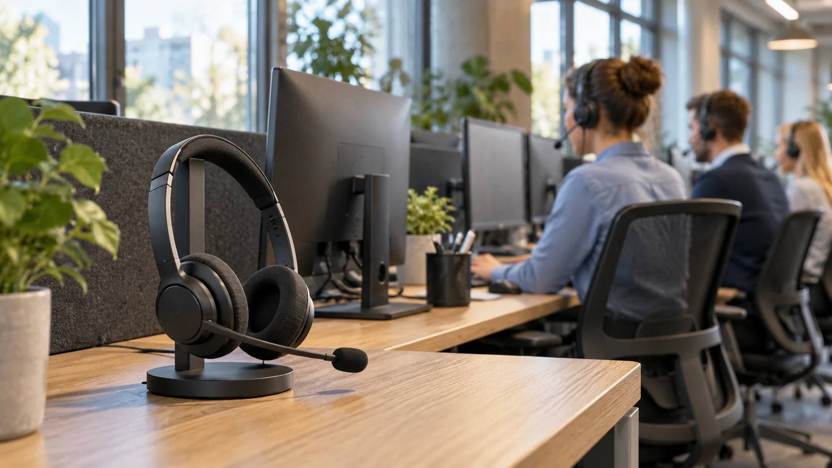 Słuchawki z mikrofonem i stanowiska konsultantów w biurze call center – grafika ilustracyjna