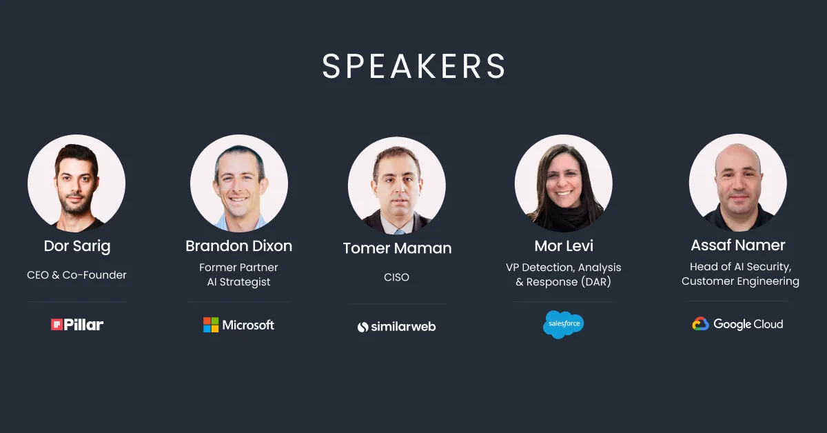 Five speakers for an event including Dor Sarig, Brandon Dixon, Tomer Maman, Mor Levi, and Assaf Namer with photos, titles, and company logos.