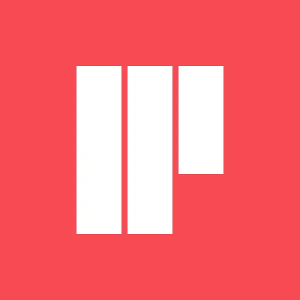 White geometric logo with three vertical bars of varying heights on a red background.