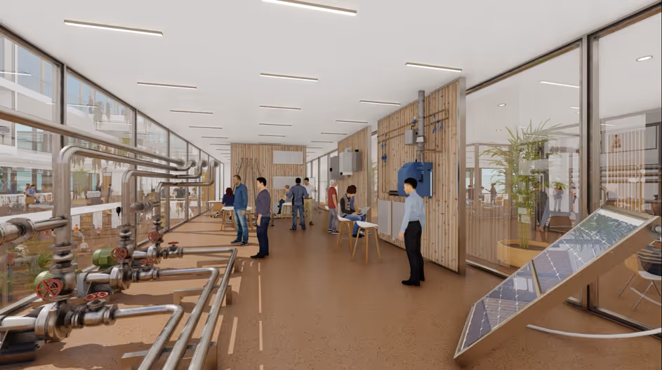 Útsýni að innan af nýju skólalíkani í 3D eftir Harry Ables & Partners.