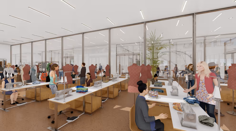 Útsýni að innan af nýju skólalíkani í 3D eftir Harry Ables & Partners.