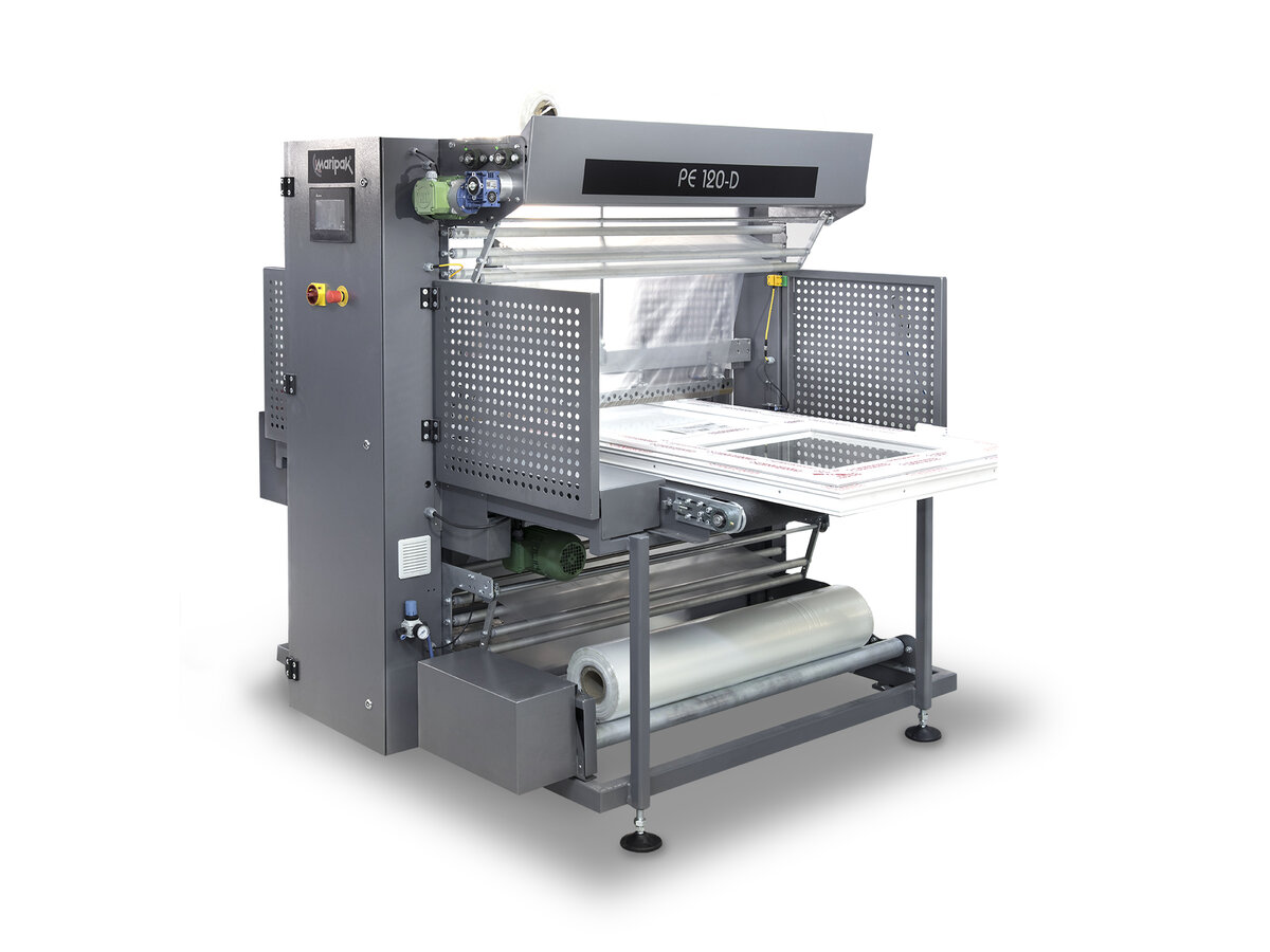 Front view of an industrial PE sleeve wrapping machine