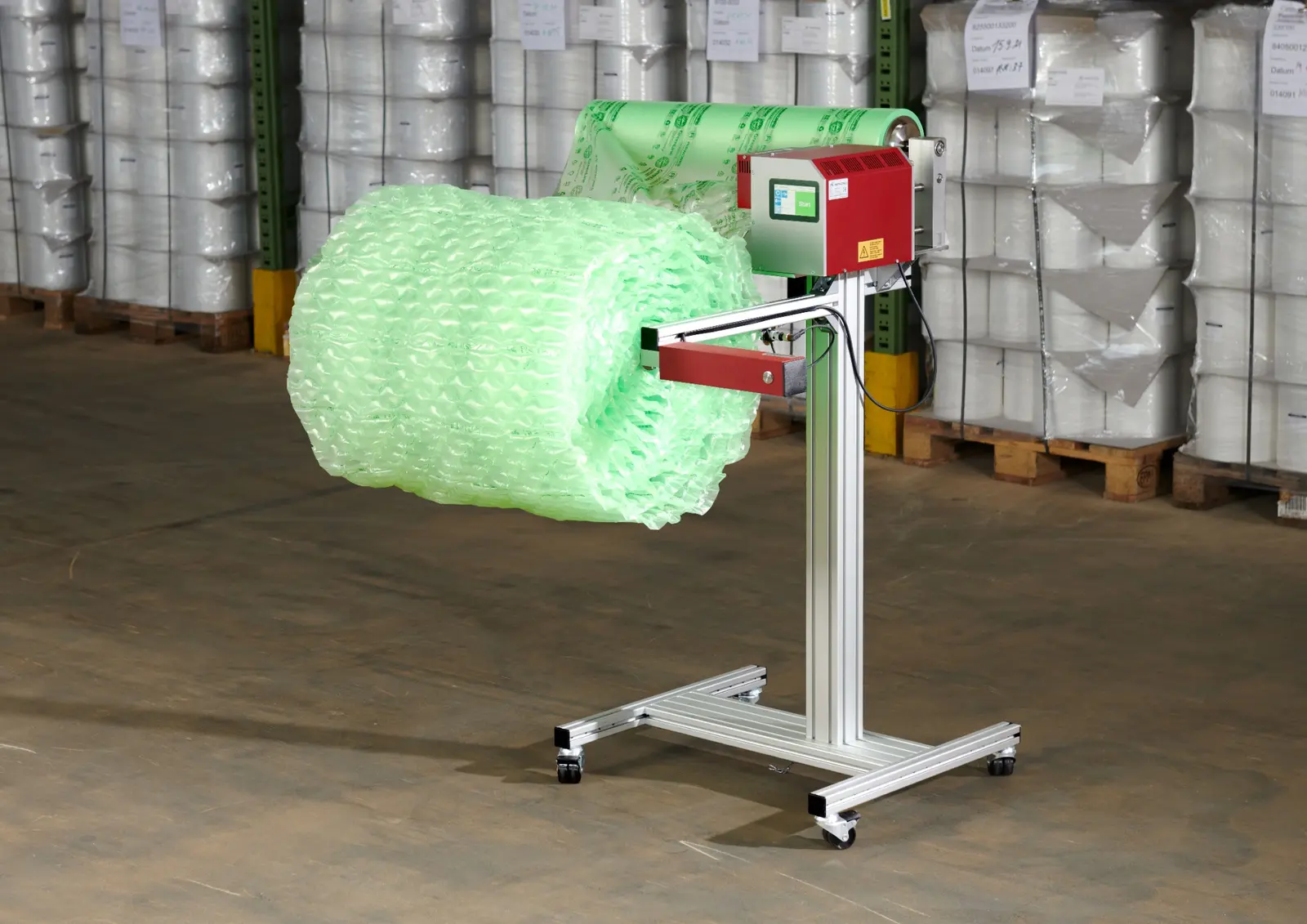 Cirrus Twister system winding inflated cushioning into a transportable roll