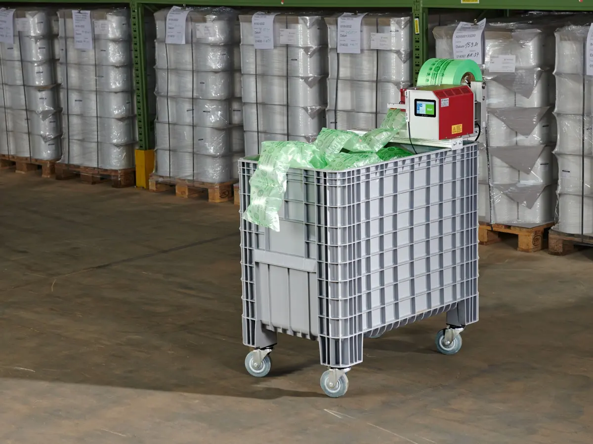 Cirrus EasyBox automatically filling a mobile air cushion storage container