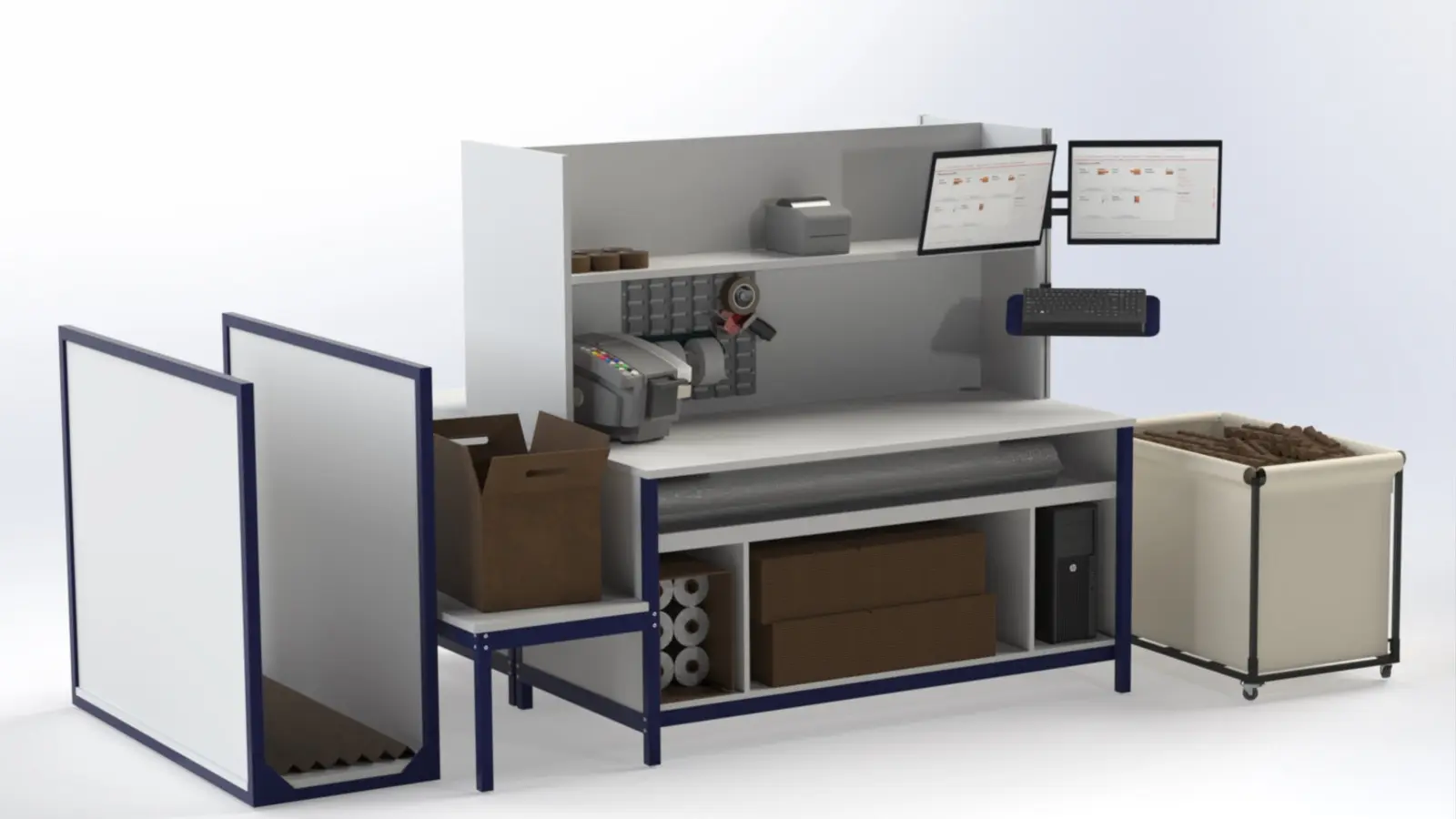 Configured double pack bench with shelving, monitors, storage and accessories