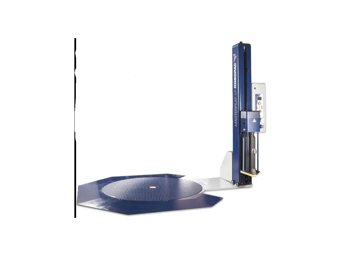 Robopac Masterplat Plus LP low-profile pallet wrapper with loading ramp