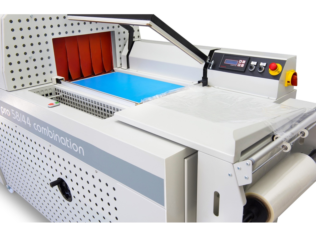 Industrial L-sealer shrink wrapping machine viewed from the front