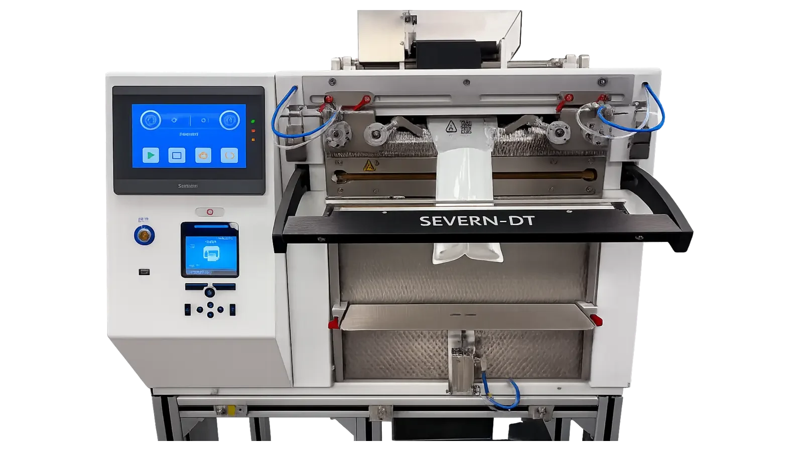 Severn automatic bagging machine sealing packs on a production line