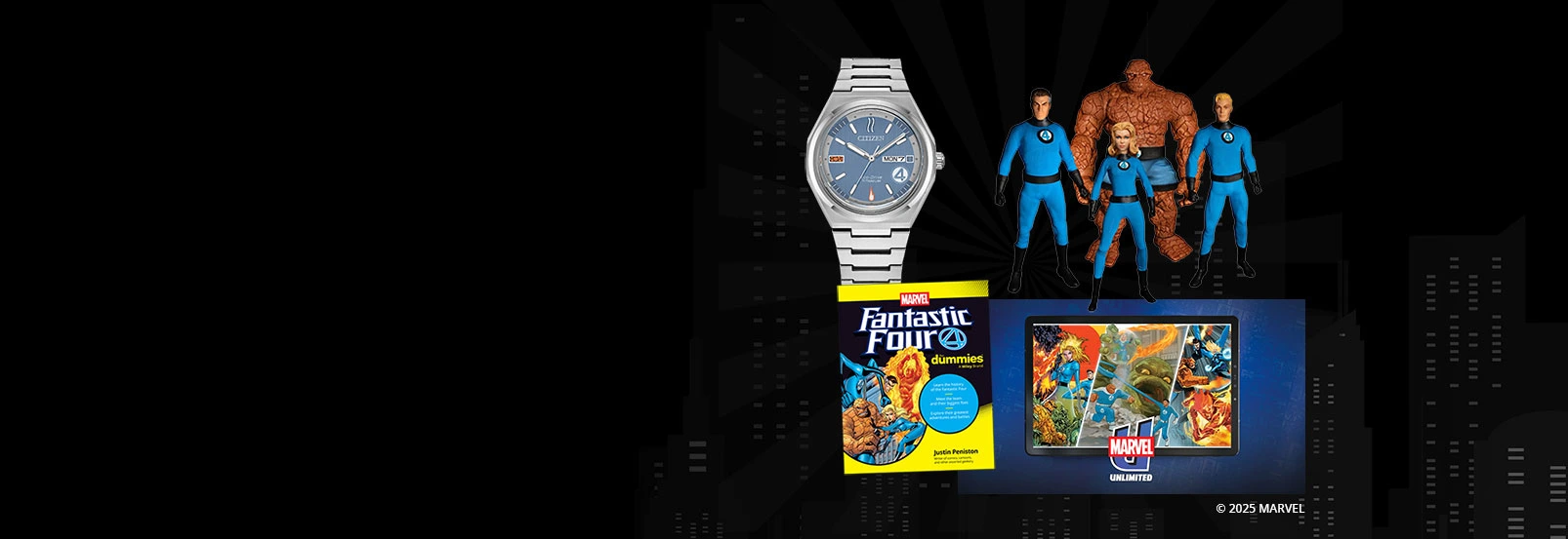 Fantastic Four For Dummies Sweepstakes prizes: The Fantastic 4: First Steps Citizen watch, 12 Collective Fantastic Four Figures Deluxe Steel Boxed Set, Marvel Unlimited subscription, Fantastic Four For Dummies book