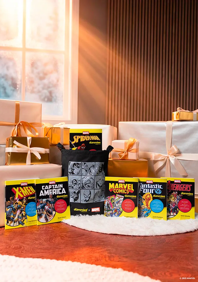 Marvel For Dummies Holiday sweepstakes prizes: six books in Marvel For Dummies series plus an exclusive Marvel Baggu bag