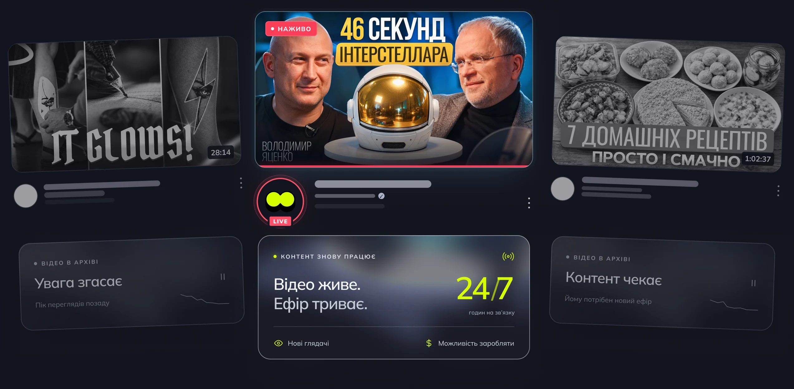 Три відео: два в архіві та одне в прямому ефірі 24/7