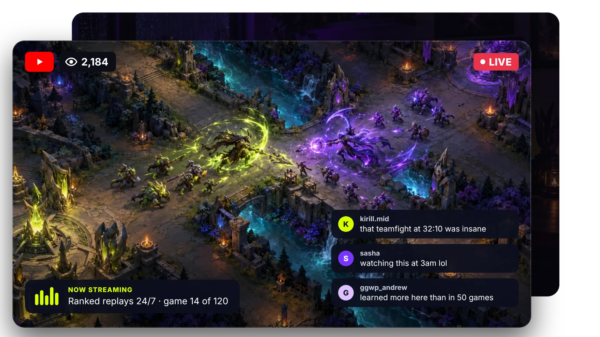Dota 2 match streaming live on YouTube 24/7 with viewers in the chat