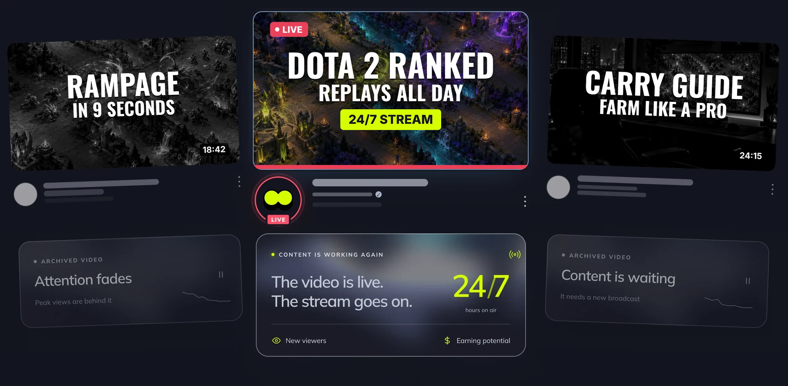 Three Dota 2 videos: two archived, one back on air in a 24/7 stream