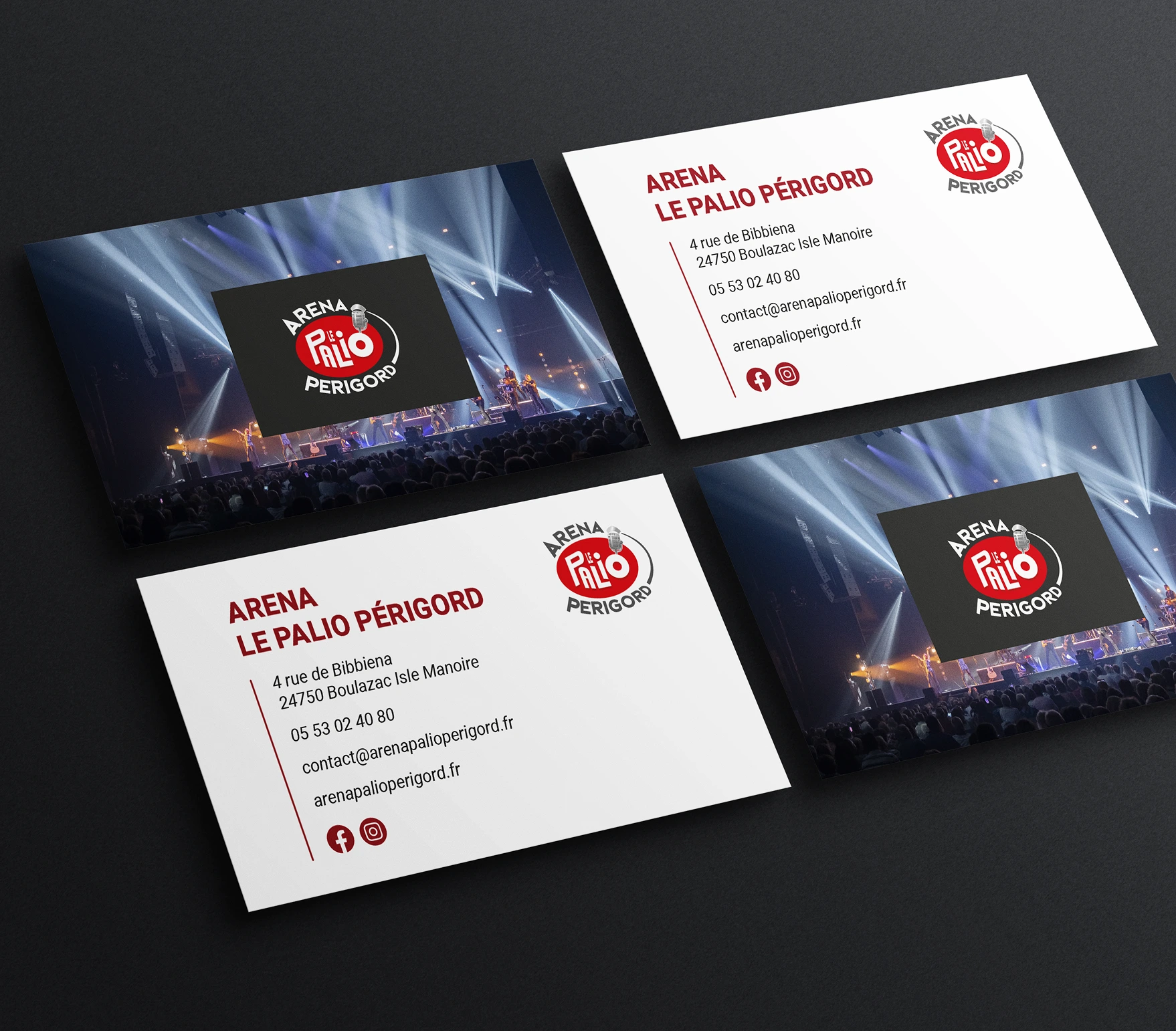 Carte de visites créées par l'agence Jaéco pour l'Arena le Palio Périgord