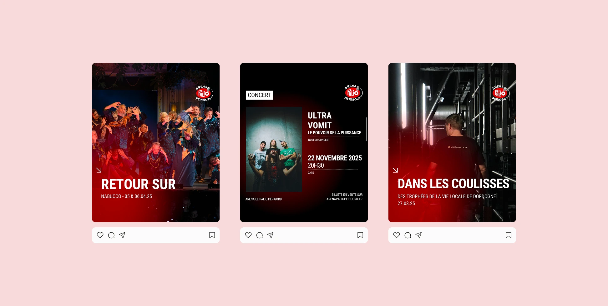 Posts réseaux sociaux créés par Jaéco pour l'Arena le Palio Périgord