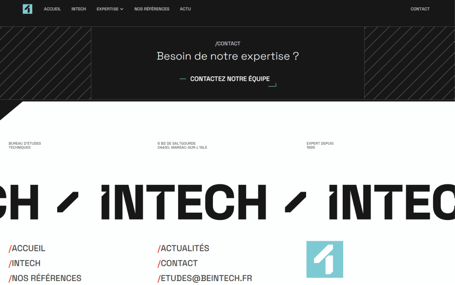 Pied de page et footer du site internet d'intech, bureau d'études technique