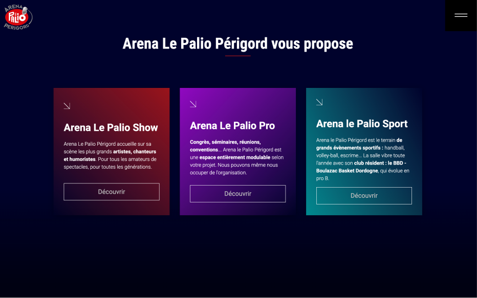 Section thématiques de la page d'accueil du site de l'Arena le Palio périgord créé par Jaéco