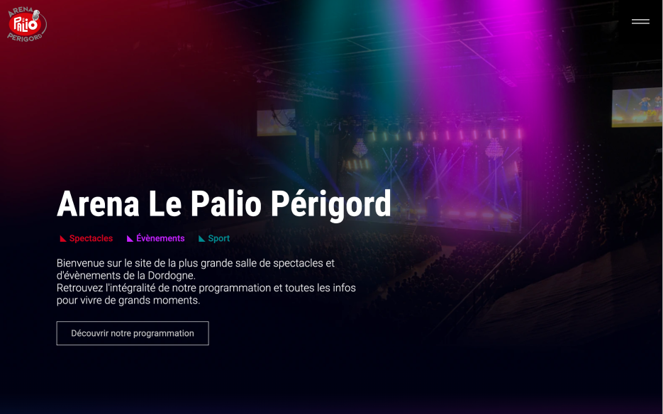 Hero et header de la page d'accueil du site de l'Arena le Palio périgord créé par Jaéco