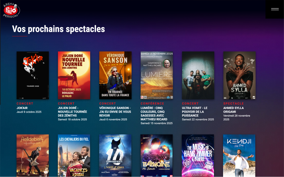 Section programmation de la page d'accueil du site de l'Arena le Palio périgord créé par Jaéco