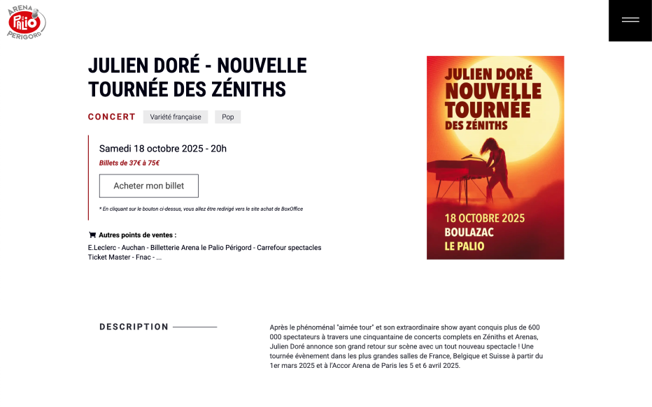Page descriptive d'un spectacle du site de l'Arena le Palio périgord créé par Jaéco