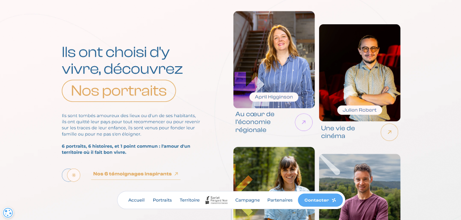 Page d'accueil et section portrait du site letempsdyvivre.fr créer par Jaéco