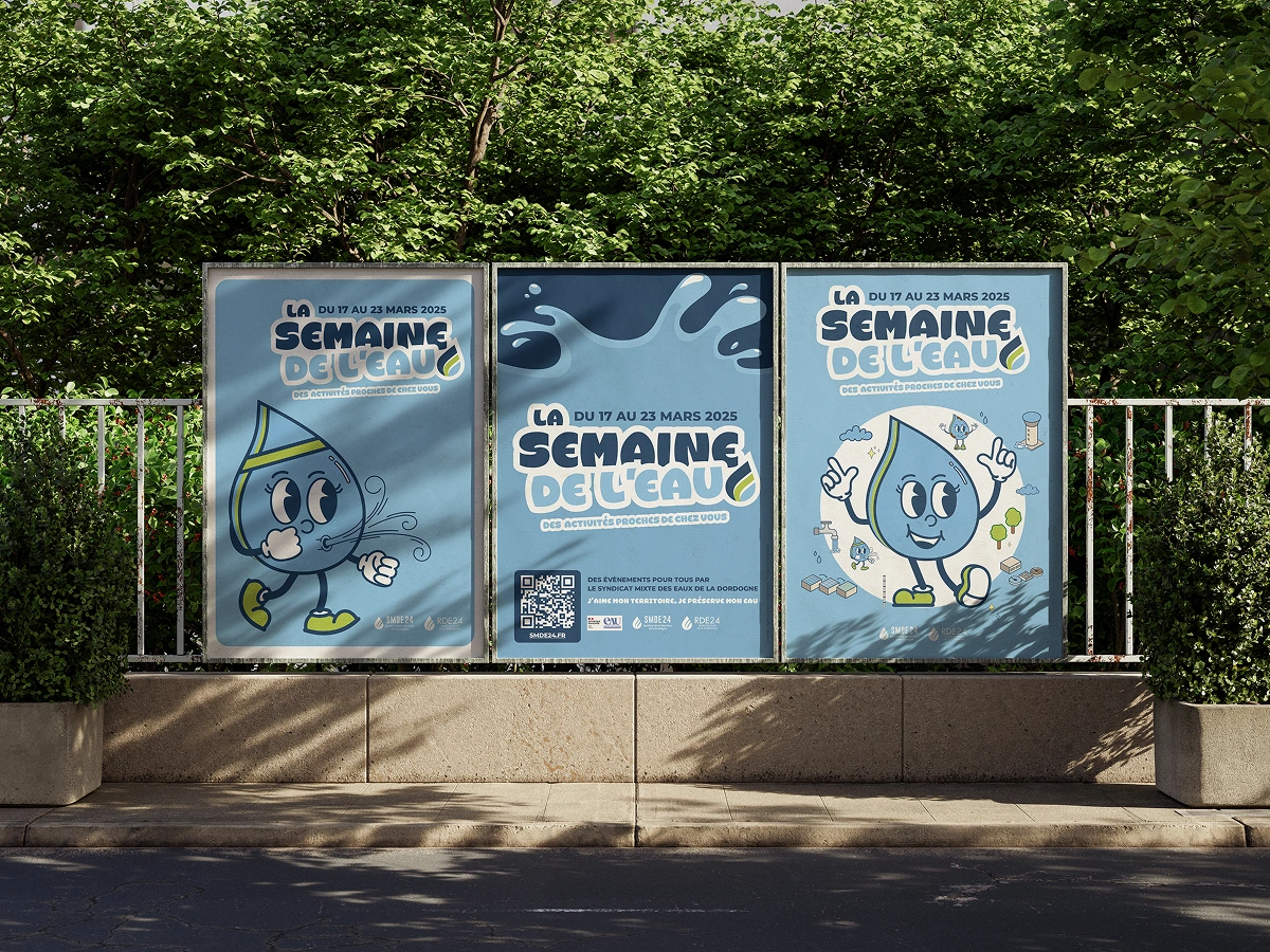 Affiches pour la semaine de l'eau, évènements du SMDE 24, réalisées par Jaéco