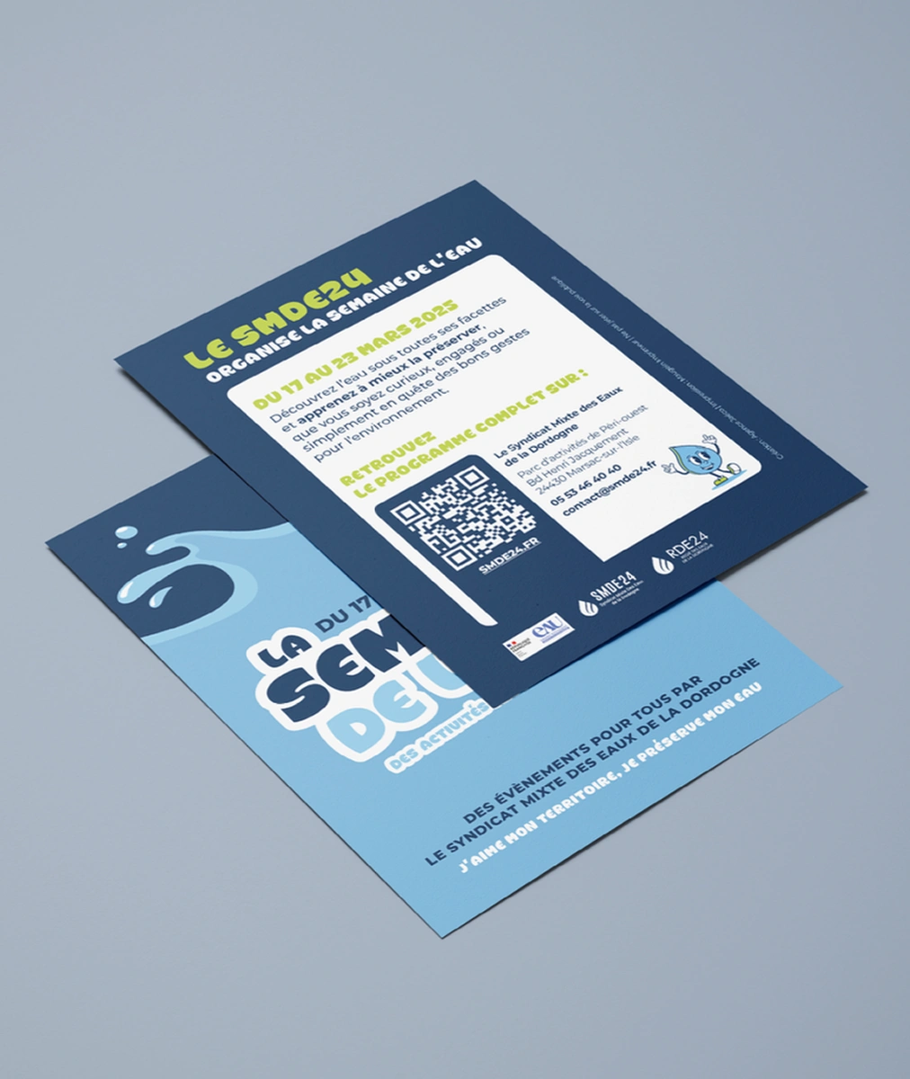 Flyers pour la semaine de l'eau, évènement du smde 24, visuels réalisés par Jaéco