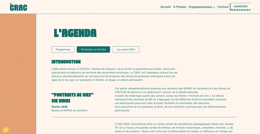 Section du site internet du Crac, réalisé par Jaéco