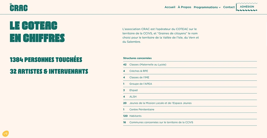Section du site internet du Crac, réalisé par Jaéco