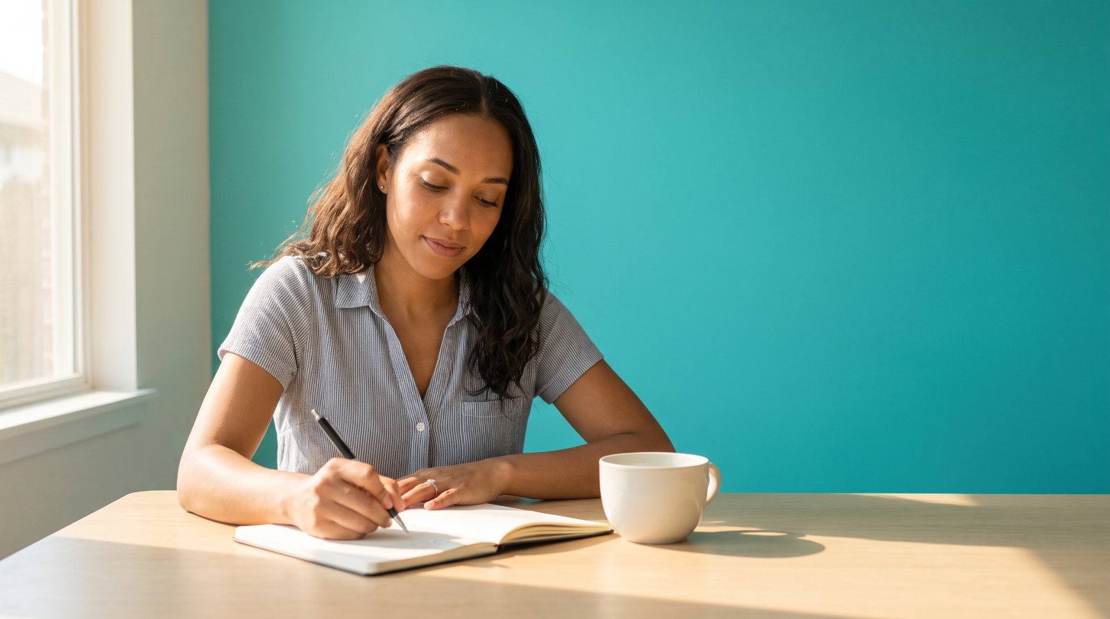 A woman sitting in relaxed posture at a kitchen table, writing in a paper notebook with morning light.